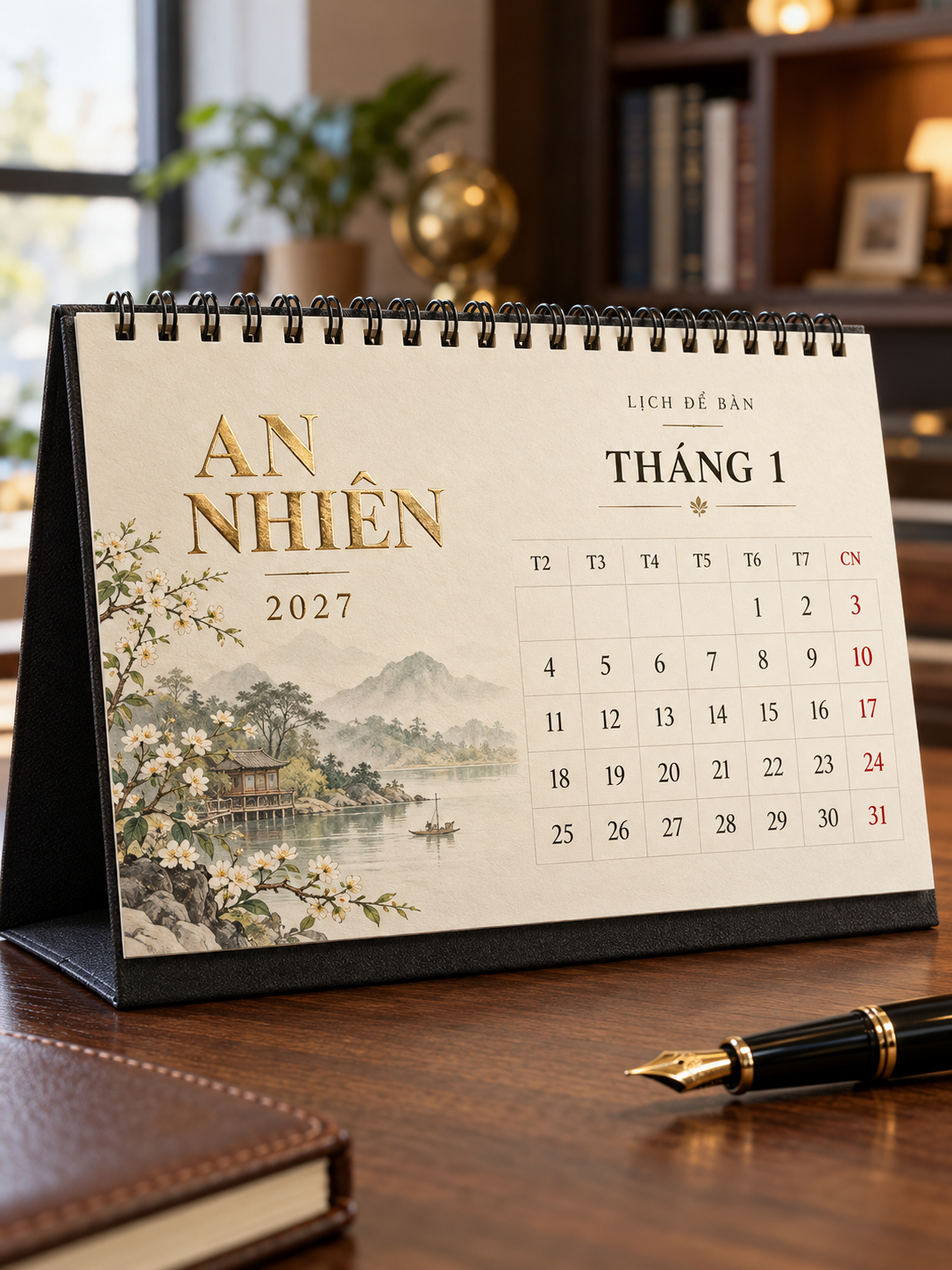Lịch để bàn An Nhiên 2027 đặt trên bàn làm việc văn phòng