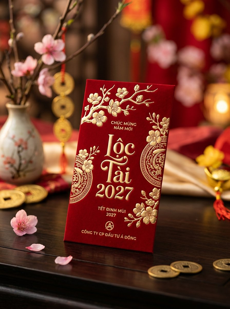 Cận cảnh chi tiết ép kim nhũ vàng và thúc nổi họa tiết bao lì xì 2027
